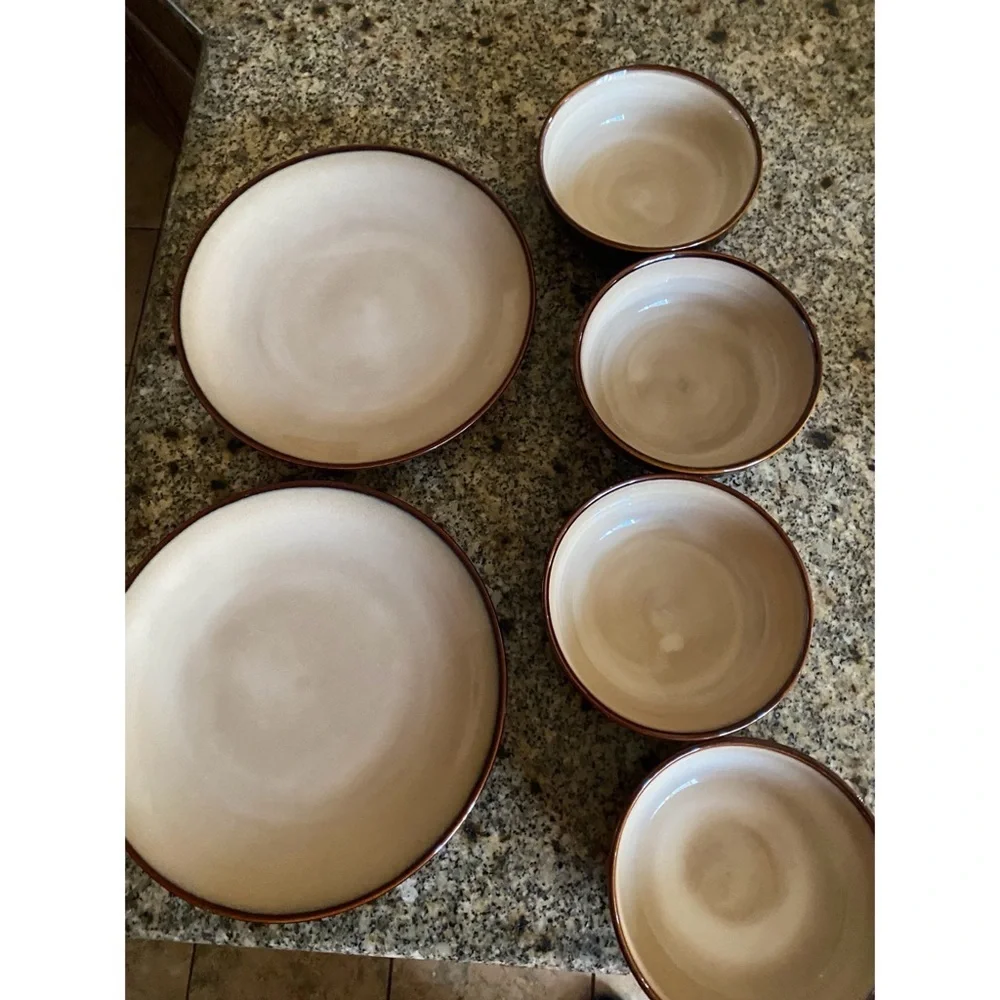 Sango Nova Brown 4933 Stoneware 2 Dinner Plates 4 Bowls Two Toned Dinnerware Set